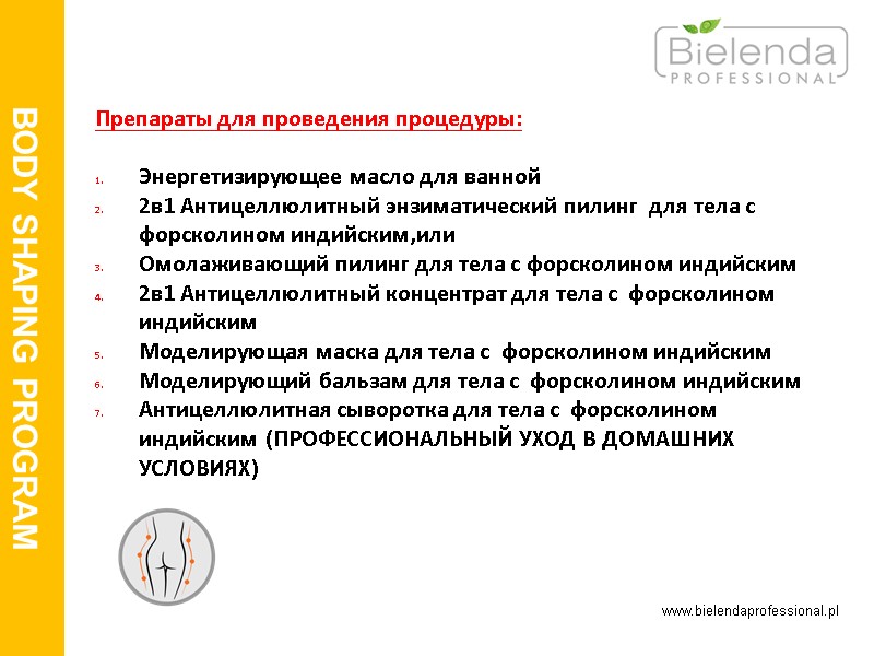 www.bielendaprofessional.pl BODY SHAPING PROGRAM    Препараты для проведения процедуры:  Энергетизирующее масло